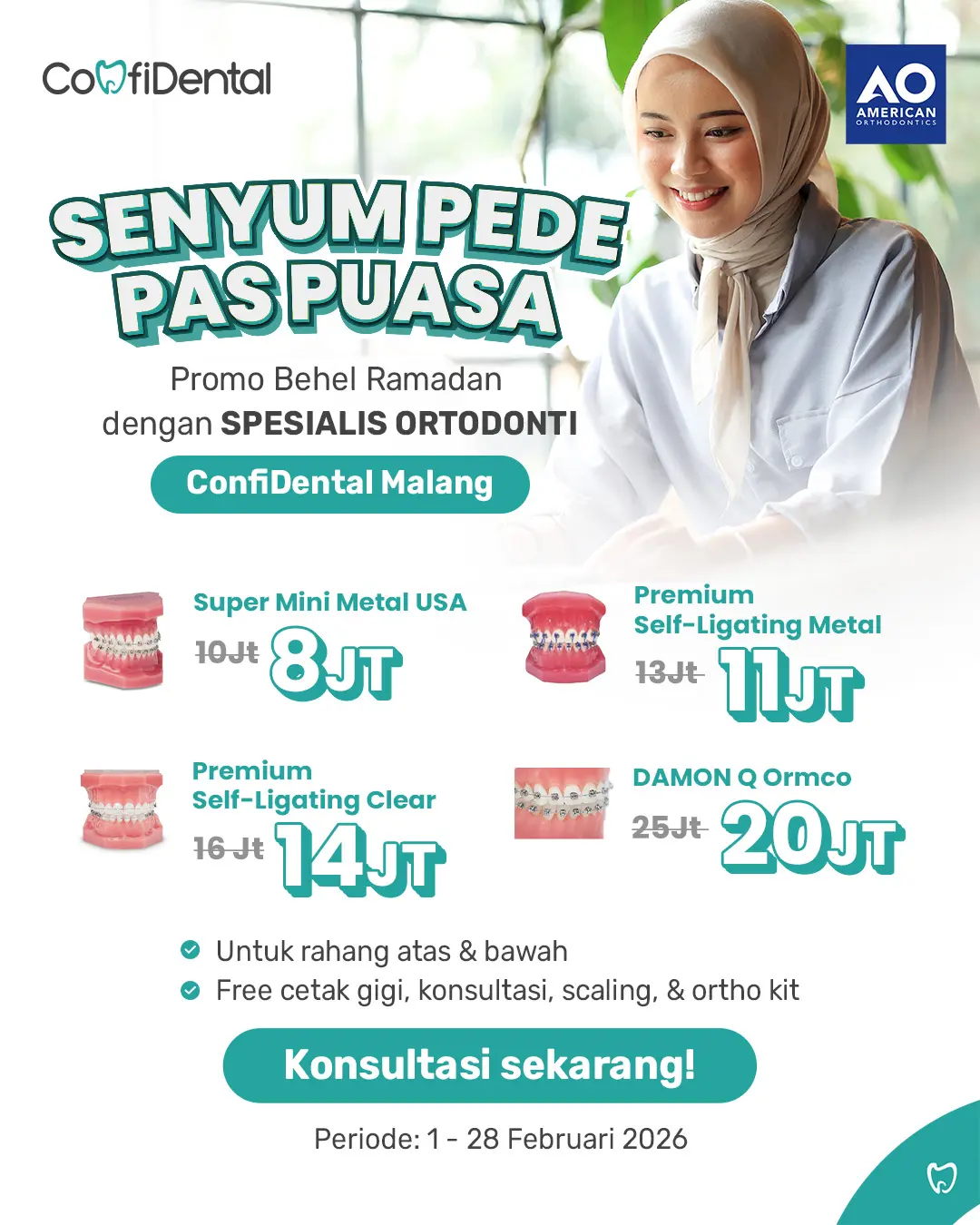 Promo Behel dengan spesialis Ortodonti, berlaku di ConfiDental Suhat, Sigura-gura, W.R Supratman, Sukun, dan Alumunium